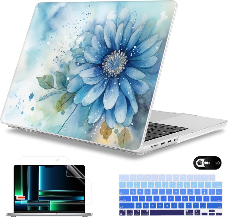 Mektron Case for MacBook Pro 14 inch 2024 2023 2021 Model M4 A3112 A3401 A3185 M3 A2918 A2992 M2 A2779 M1 A2442 Pro/Max, Plastic Hard Shell Case Cover for MacBook Pro 14", Watercolor Blue Flower - Image 1